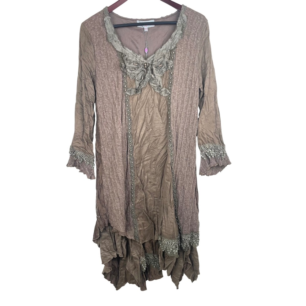 NWT Dress Sz XL Fairy Grunge Whimsigoth Linen Blend Boho Lace Asymmetrical Midi